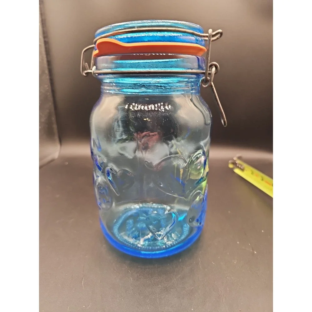 Vintage Blue Glass Storage Jar Hearts Crownford Giftware Corp  8 In Tall  002